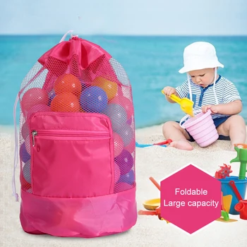 Детска Плажна чанта през рамо, Преносим Сгъваема Раница за плажни играчки, Широка презрамка, Мрежест раница за съхранение на плажни играчки с цип