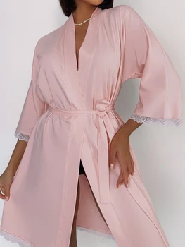Дамски Розови халати Linad, Без пижама с V-образно деколте и ръкав три Четвърти, Дантелен халат с колан, Дамски Лятна ежедневни пижами 2023