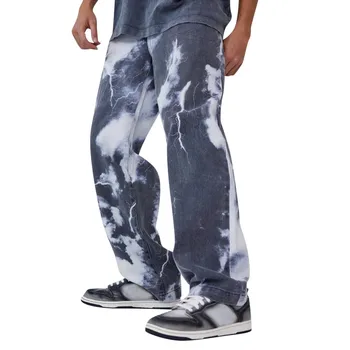 Мъжки летни дънкови панталони с равен брой гласове-боя, ежедневни панталони с принтом, Дънки, на Главната улица, Свободни панталони-карго, Свободна модерен мъжки меки дрехи