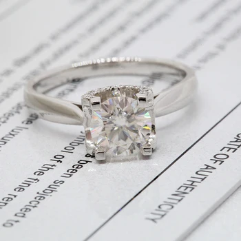 AEAW Просто Твърдо Пръстен От бяло Злато 14К С Кръгла Муассанитом и диамантен пръстен, Годежен Пръстен, D-Цветно Пръстен За Жени