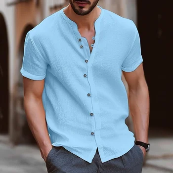 Мъжки Ежедневни свободна риза от памук и коноп, монофонични свободен топ с V-образно деколте и къс ръкав, Красиви ризи за мъжки дрехи