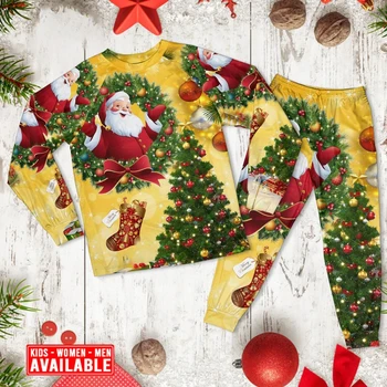 Коледно дърво, жълто Дядо Коледа, Пижама с дълъг ръкав и 3D принтом, семейни пижами, дрехи за cosplay