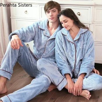 Висококачествен зимен фланелевый пижамный комплект за мъже и жени Удобен топло пижамный костюм за двойки Ежедневни Уютна кадифе домашно облекло за сън