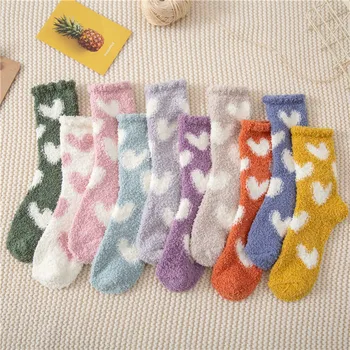 Нова Любов, Коралови кадифени чорапи на пода, Сладък Дамски чорапи-кърпи във формата на сърце, Утолщающие Домашна Мебел, Подови Мультяшные чорапи за възрастни през Зимата