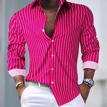 Мъжки Ризи на райета, Риза с дълъг ръкав За Мъже, Розова риза в уличном стил, Светска рокля, Мъжки Дрехи, За да клубни партита, Риза с копчета, Топ