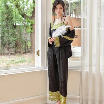 Жена Пижамный комплект от три елемента, Пижамный халат, Топ и панталон, костюм за сън, бельо, Пролетно-лятна копринена сатен пижами, дрехи за почивка