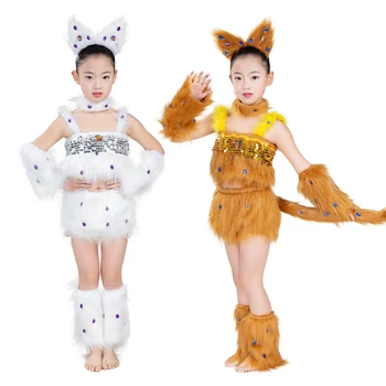 2 цвят, сладък костюми на котки за деца, танцови костюми за изпълнения на сцената, дрехи за танцьори в детската градина, дрехи за животни