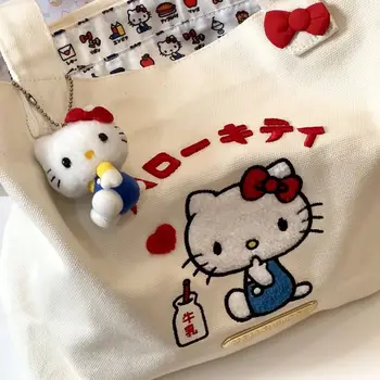 Kawaii Sanrio Hello Kitty, Нова скъпа холщовая чанта с анимационни бродерия, Голяма чанта голям-тоут