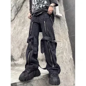 Модни Панталони, Черни Дамски Широки Дънки с цепки с цип, 2-лентови панталони Cyber Y2k в стил гръндж-готик, Харадзюку, Емо, Уличен стил