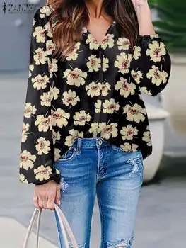 ZANZEA/ Дамски блуза с флорални принтом 2023, Лятна Туника с дълъг ръкав, с Модерна риза с V-образно деколте, Извънгабаритни празнични плажни върхове, Градинска облекло