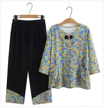 Жена комплект от две части с модерен принтом за жени на средна възраст, Пролет-лято, Нова ежедневни корейски дрехи, Топ с къс ръкав, Панталони, Женски Свободен костюм