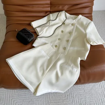 Двубортный костюм кратък топ с къси панталони с висока талия ежедневна мода 2023 лятото нов стил 0327