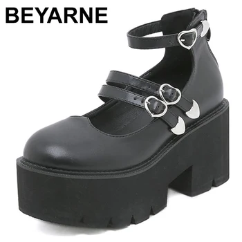 Дамски обувки-лодка на платформата с катарама във формата на сърце, каишка за щиколотке, обувките Мери Джейн, Готически обувки на танкетке в стил Лолита, Обувки за Cosplay на Хелоуин
