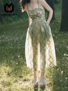 Дизайнерски жар LUXE & ENVY, Изискано Френско рокля на подтяжках в окото, Прекрасно Ново Женствена рокля 2023, Лято