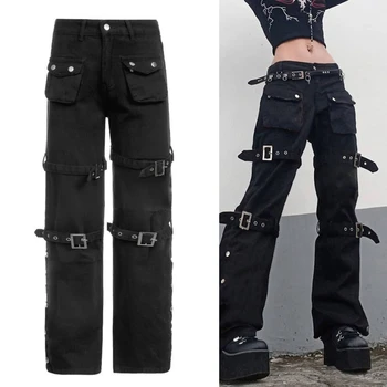 50JB, дамски черни дънки-карго с много джобове, колан с метална катарама, прави панталони