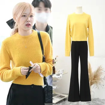 [В наличност] PiaoCaiying същата есен нов жълт вязаный пуловер за малкия човек, универсална вълнена блуза с намаляването на възрастта, дамски