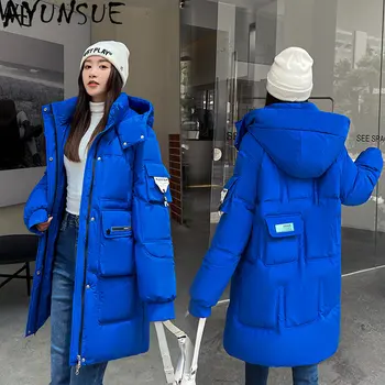 Якета за жени 2023, Топло удебелена яке с памучна подплата, Женски Свободни памучни палто със средна дължина, с качулка, Casaco Feminino