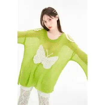 Слънцезащитен топ с открити рамене за жените, Тънък Свободен Есенен пуловер с мързелив пеперуда, Вязаный пуловер, Дамски дрехи