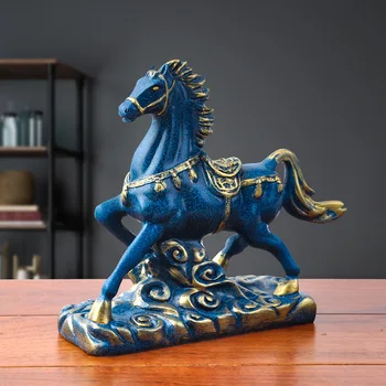 Статуята на синята кон, скулптура от смола, начало декор, фигурки на животни, украшения за хол, офис, декориране на работния плот, занаяти