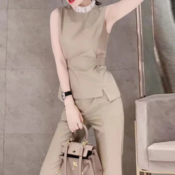 Летни Комплекти панталон-молив цвят Каки, дамски комплекти от 2 теми, модерни офис дамски блузи без ръкави и панталони брючные костюми с висока талия