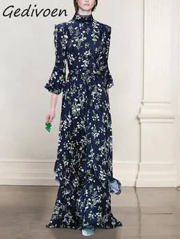 Gedivoen/ Модно дизайнерско Лятото Винтажное рокля, Секси дантелено рокля с шал яка подпора, високи талии, волани, тъмно синя дълга рокля с принтом за почивка