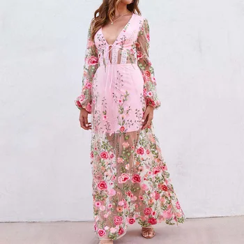 Дамски пролетни рокли в стил мозайка с флорални принтом, Елегантна вечерна рокля с дълъг ръкав и папийонка, Сексуална дебнещ Сетчатое женствена рокля с дълбоко V-образно деколте