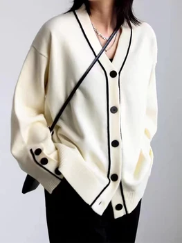 Случайни однобортный вязаный жилетка с V-образно деколте, Пуловер свободно, намаляване, Новост 2023 година, корейската модни дамски дрехи