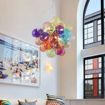 Постмодернистские полилеи с разноцветни стъклени топки, гланцов led декор, Подвесное осветление в помещение, Трапезария, хол, Спалня, Висящи лампи