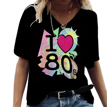 Дамски Модни Къса тениска с V-образно деколте, Памучен Тениска с 3D Принтом Любовта на 80-те години, Harajuku, Лятна Реколта Дамски широки Дрехи