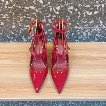 Нови летни сандали, Модни дамски обувки с остри пръсти, Ежедневни обувки от естествена кожа с нитове, Дамски обувки Sapato Feminino, Размер 35-41