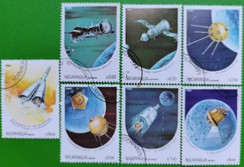 7 бр., Пощенска марка Никарагуа, 1984, аэрокосмический на кораба, на истинския оригинал, се използва пощенска марка