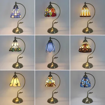 Настолни лампи в Средиземноморски стил с цветя Тифани, настолни лампи от витражного стъкло за спални, хол, led осветителни тела за дома