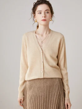 Нова есенно-зимния женски жилетка с V-образно деколте и дълги ръкави, без вязаный пуловер копчета, яке от 100% кашмир